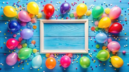 Colorful birthday frame with balloons and confetti on blue table, top view flat lay style