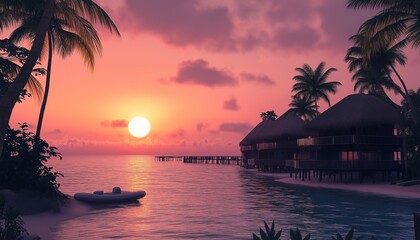 Wall Mural - A serene sunset over tropical waters with palm trees and beachside villas.