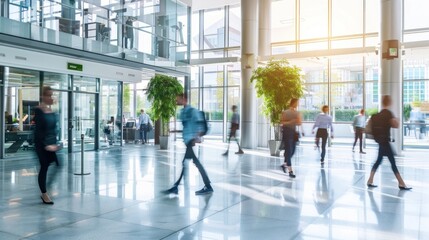 Bright business workplace with people in walking in blurred motion in modern office space.