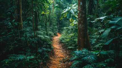 Wall Mural - A narrow dirt trail winding through a dense jungle, barely visible through the thick foliage, leading adventurous travelers deep into uncharted territory