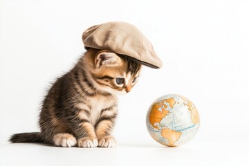 Kitten in student hat studying a globe, dreaming of adventures, isolated on white, watercolor style