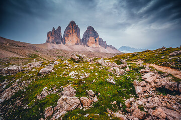 Sticker - Tre Cime di Lavaredo under a dramatic sky. Italian Alps, Sexten Dolomiti, South Tyrol, Europe.