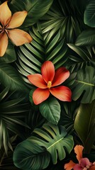 Wall Mural - Tropical flowers and plants creating a lush green background