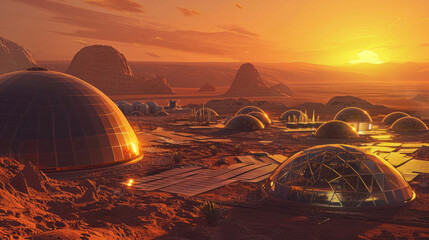 Wall Mural - A futuristic Martian colony at sunset, with domes and solar panels reflecting the orange-pink sky, and the barren landscape stretching into the distance