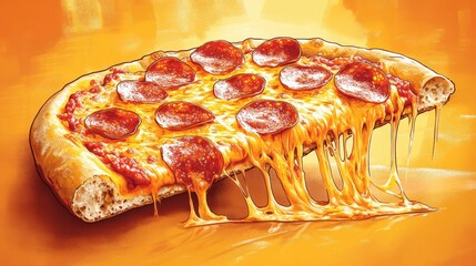 This colorful vector illustration features a delicious slice of pepperoni pizza with bubbling cheese and a crispy crust against an orange backdrop