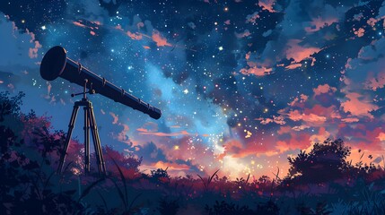 Canvas Print - Telescope Under a Starry Night Sky.