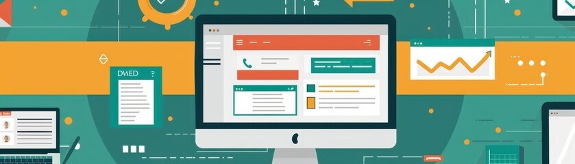Illustration of a computer screen displaying website design elements and analytics tools, representing digital marketing and web development.