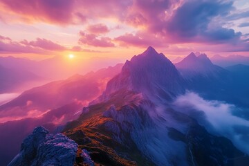 A majestic mountain range at sunrise, with mist rolling over the peaks and vibrant colors in the sky