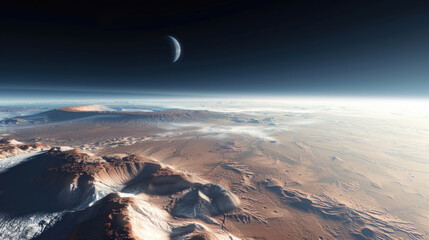 Wall Mural - A panoramic view of Mars' polar ice caps under a clear sky, showing the vast expanse of ice and the subtle curvature of the planet's surface