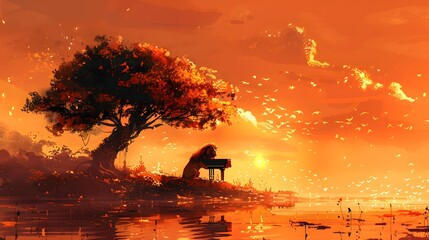 Canvas Print - Lion Playing Piano at Sunset.