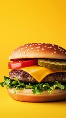 Wall Mural - Delicious burger with melted cheese resting on vibrant yellow background