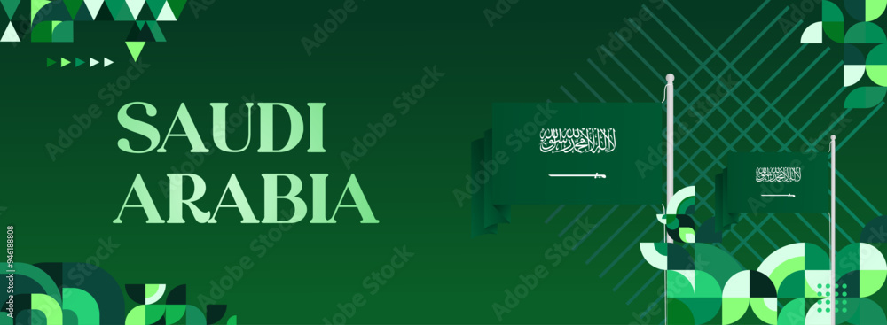 Saudi Arabia National Independence Day wide banner. Modern geometric ...