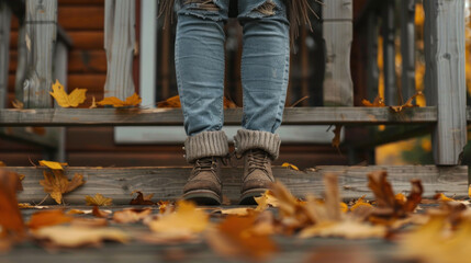 Canvas Print - A close-up of an adult wearing a cozy knit sweater, paired with jeans and boots, standing on a rustic wooden porch with autumn leaves scattered around