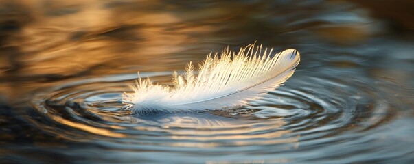 Poster - White feather floating on water surface with golden ripples