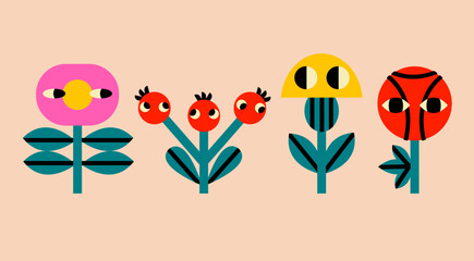 Wall Mural - various abstract flowers with eyes. set of quirky unique design elements. sticker, poster, print tem