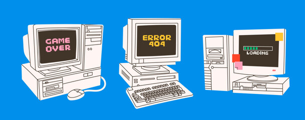Retro vintage Computers set. Old PC with monitor, keyboard. Old style technology. Hand drawn trendy Vector illustration. Isolated design elements. Vintage gadgets. Print, logo, design templates