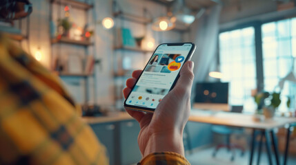 Wall Mural - A close-up of a small business owner hand holding a smartphone, posting a product update on social media, with the workspace in the background