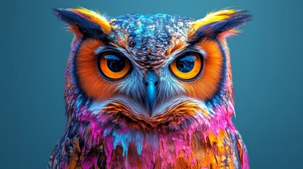 Wall Mural - Colorful owl showing intense gaze with paint dripping