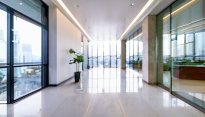 Wall Mural - Blurred hotel or office building lobby blur background interior view toward reception hall, modern luxury white room space with blurry corridor and building glass wall window