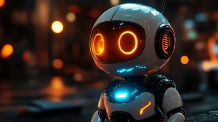 Canvas Print - Cute robot exploring city at night with bokeh lights