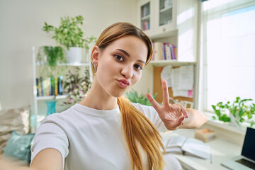 Wall Mural - Close-up selfie portrait of teenage cheerful female looking at web camera