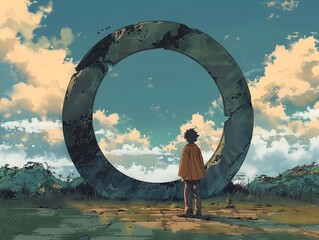 Poster - Man standing near a giant stone ring looking at the sky.