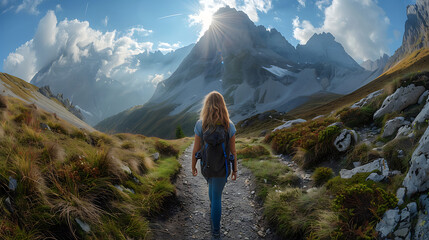 A breathtaking scene of a woman hiking along a trail towards a towering mountain