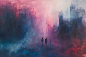 Canvas Print - Silhouettes in a Foggy Cityscape.