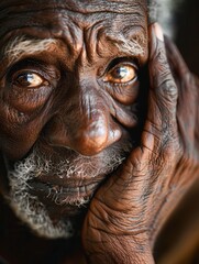 Aufkleber - An elderly man reflects a sense of wisdom and tranquility, his expressive features and well-worn hands revealing stories from a rich life experience. Generative AI