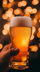 Canvas Print - Man holding a glass of beer with blurry lights in background