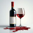 © lnwAI - Red wine glass, wine bottle and spilled red liquid, glossy reflections, isolated on white background