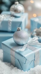 Canvas Print - Silver christmas bauble resting on a blue gift box