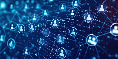 Wall Mural - digital technology background with icons of people in circles, interconnected by lines to symbolize 