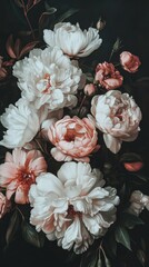 Poster - Bouquet of white and pink peonies blooming in a garden