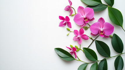 Wall Mural - Delicate fuchsia and lime green summer leaves with tiny exotic orchids on a white backdrop. with empty copy space Minimalistic, high resolution, clear sharp focus, hyper-detailed. 