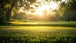 © pinporn manosri - A golf course framed in a modern style, with a blurred sunrise background, capturing the early morning serenity