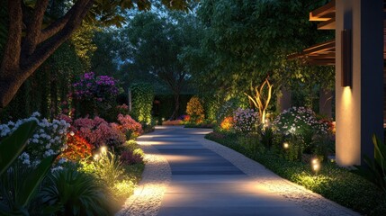 Poster - Illuminated Pathway Through Lush Garden