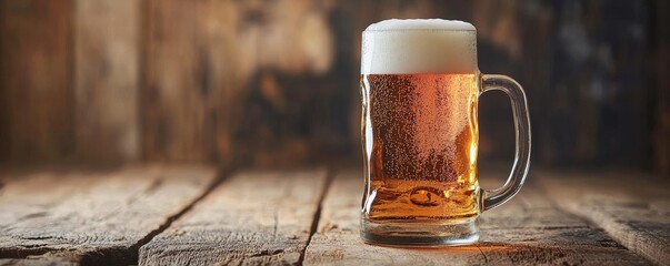 Canvas Print - Glass of beer with foam on wooden table in pub