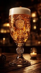 Canvas Print - Ornate beer glass standing on tabletop with candlelight reflecting in background