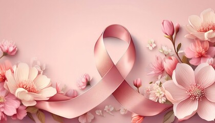 Hope Blooms - A poster where the pink ribbon is intertwined with blooming flowers. Breast Cancer Awareness Month Poster. Graphic art illustration