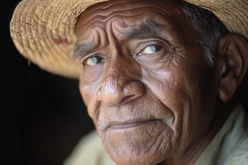 Aufkleber - An elderly man with deep wrinkles and a thoughtful gaze portrays a sense of wisdom and calmness, illuminated by soft afternoon light in a cozy environment. Generative AI
