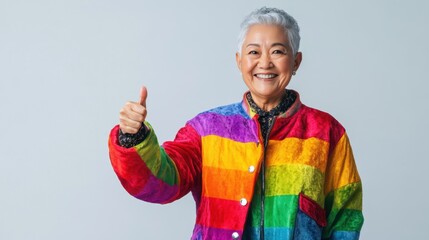 Vibrant LGBTQ+ clothing worn by a senior Asian citizen giving a thumbs up, set against a pristine white background, highlighting joy and acceptance with a rich, colorful display