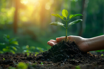 A hand holding a young tree. Nature concept.