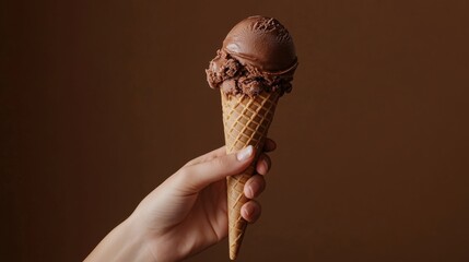 Poster - Woman holding delicious chocolate ice cream cone on brown background