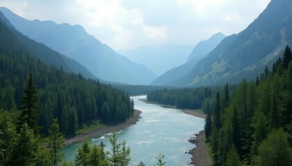 Canvas Print -  Tranquil river in a mountainous forest landscape