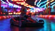 © arhendrix - A dynamic night scene of a go-kart racer zooming through a vibrant neon-lit track, capturing the thrill and speed of the race.