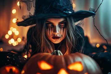 A woman wearing gothic makeup and a black hat with dramatic lighting, sitting near a glowing jack-o'-lantern pumpkin at Halloween.