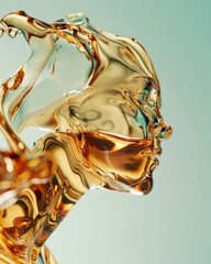 Wall Mural - Abstract sculpture of a human face made from golden liquid, blending seamlessly with a soft green background