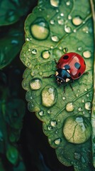 Canvas Print - Ladybug walking on green leaf with water drops after rain