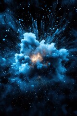 Explosive abstract cloud of blue and orange particles against a dark background, resembling a cosmic event or nebula in space.